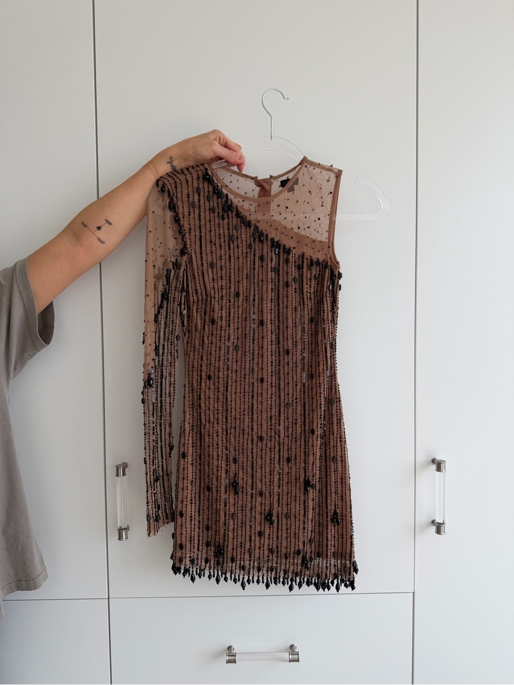 NBD One-Shoulder Beaded Sheer Dress in Brown and Black